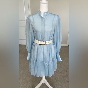 NWT Aofur Sheer Longsleeve A-Line Mini Dress with White Belt. Size Small
